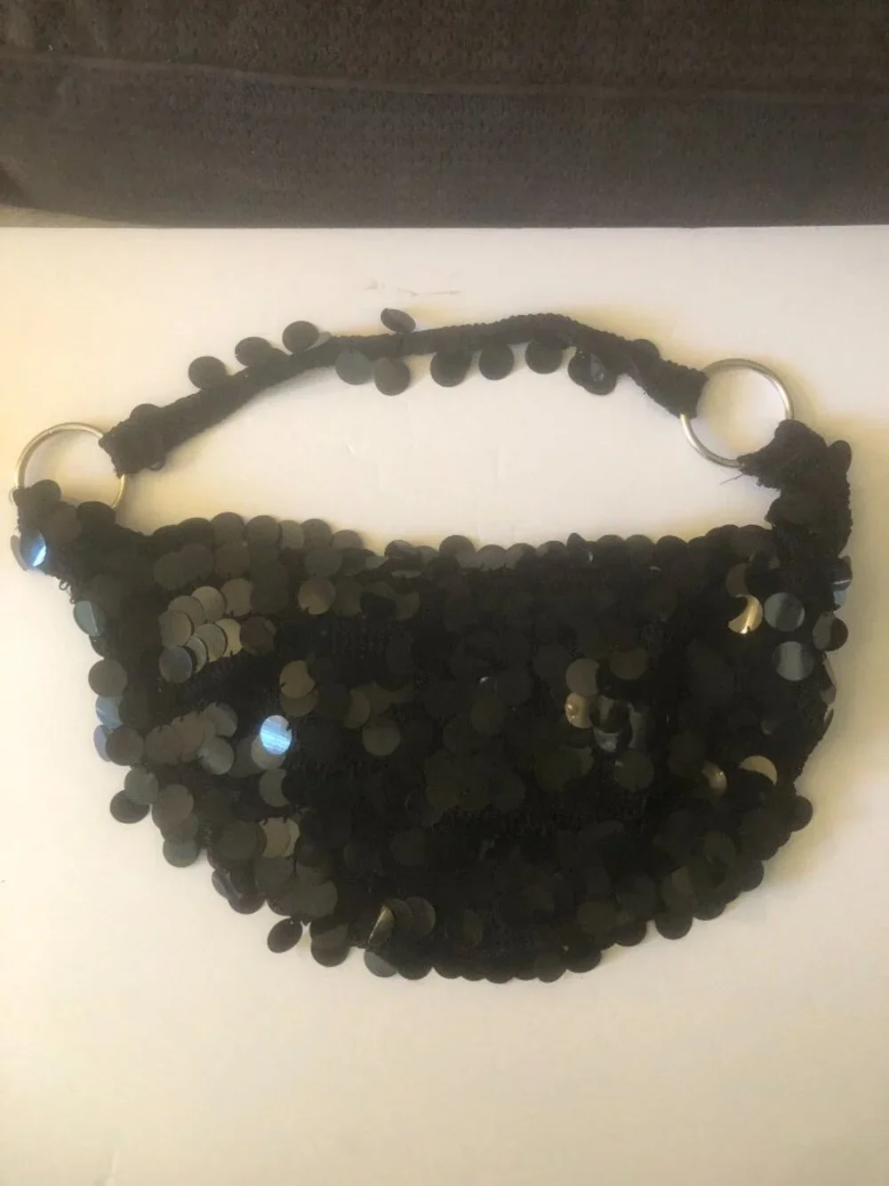 Black Crochet Knit Paillette Sequins Hobo Bag Purse Handbag